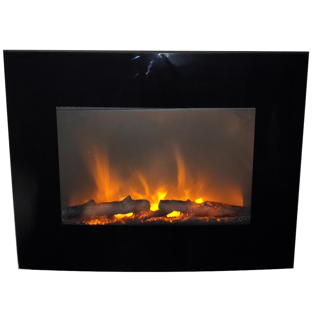 CHIMENEA ELECTRICA DE PARED NEGRA VIDRIO CURVO EFECTO TRONCOS 750/1500W - 120V NT-GS26A (66 x 11 x 51 cm)
