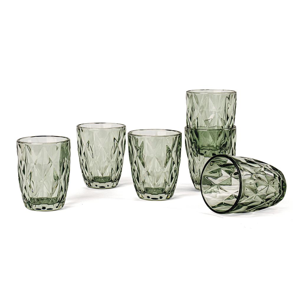 SET VASOS DE VIDRIO VERDE COQUEADO 6PZS 22475302 (240ml / 10 x 8cm)