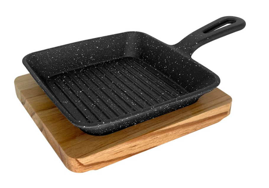 SARTEN CUADRADO INDUCC. HIERRO FUND. GRILL BASE MADERA M35640 (16cm)