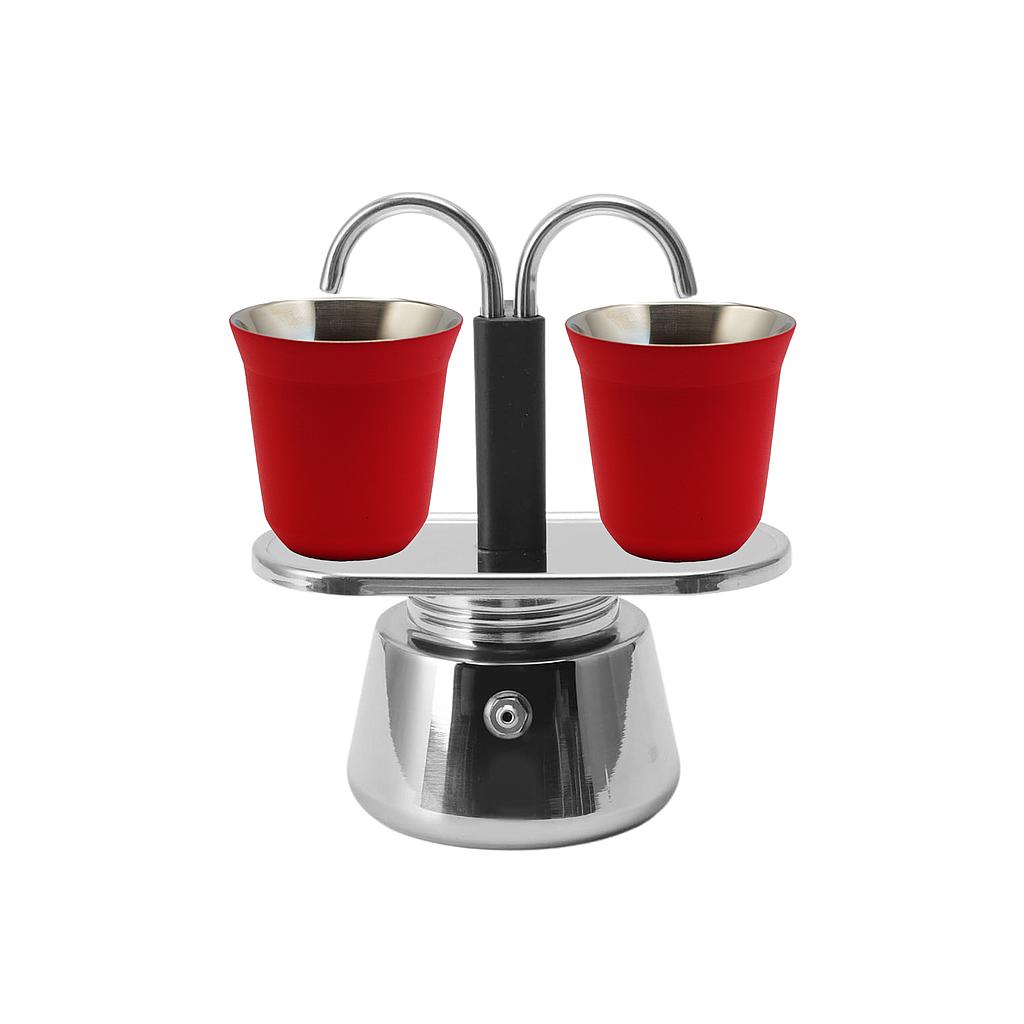 CAFETERA TIPO MOKA BACCIO DUETTO PLATA CON VASOS ROJOS 7862140130169