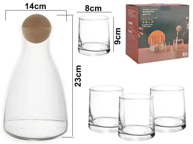 SET JARRA C/VASO VIDRIO 5PZS 460278 / SAN5393/JYSJ-305 (23 x 14cm /1.7lt - 8 x 9cm / 270ml)