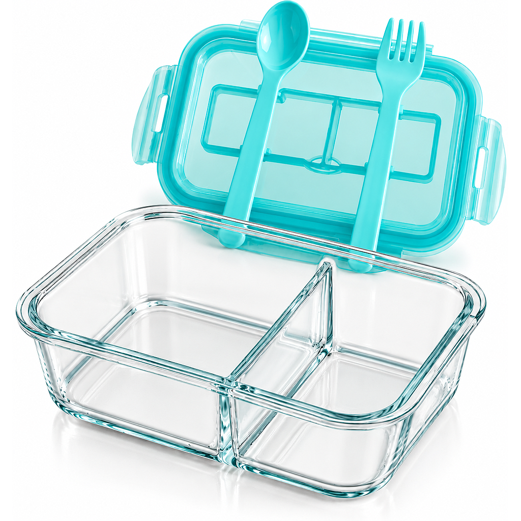 CONTENEDOR LONCHERA BOROSILICATO CON DIVISION TAPA CUCHARA Y TENEDOR F24850 (1400ml)