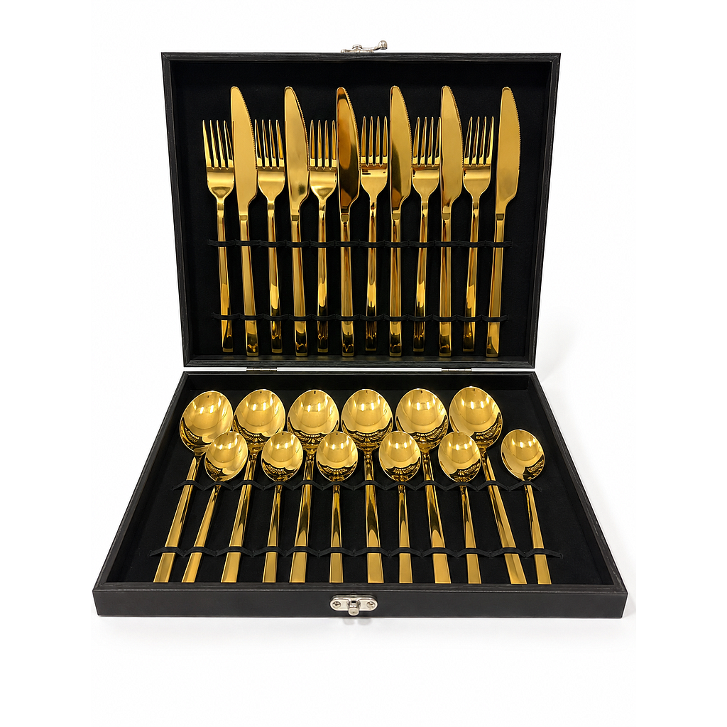 JUEGO CUBIERTOS ACERO INOX DORADO BRILLANTE 24PZS 4HM14-7B